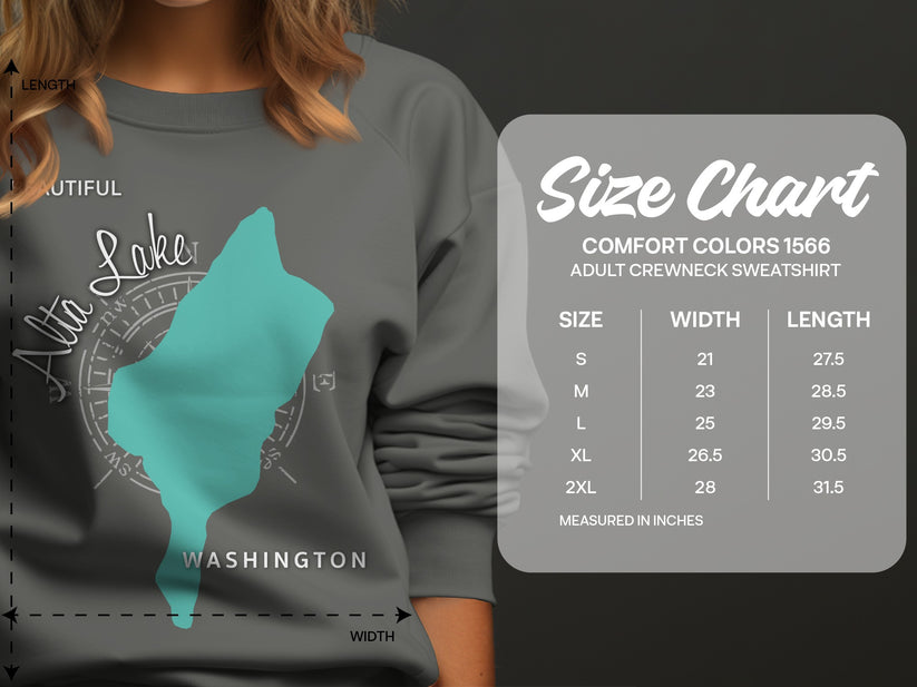 Size chart for Comfort Colors 1566 adult crewneck sweatshirt.
