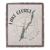 Tapestry with Lake George map, compass, and "New York" text.