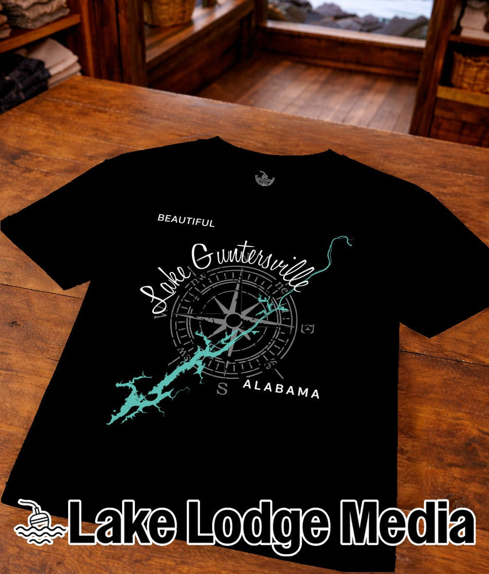 Black t-shirt with "Lake Guntersville ALABAMA" and a compass rose design.