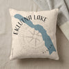Cream pillow with blue Eklutna Lake map graphic and compass rose.