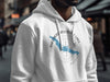 White hoodie with a blue map of Theodore Roosevelt Lake, Arizona and compass design.
