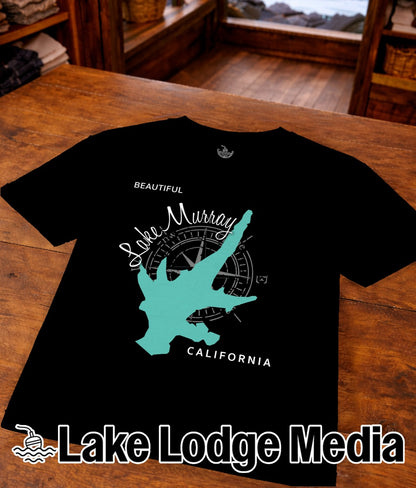 Black t-shirt featuring a turquoise outline of California with "Beautiful Lake Murray" and compass graphic.
