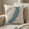 Carlyle Lake Illinois map on a neutral throw pillow with compass rose design.