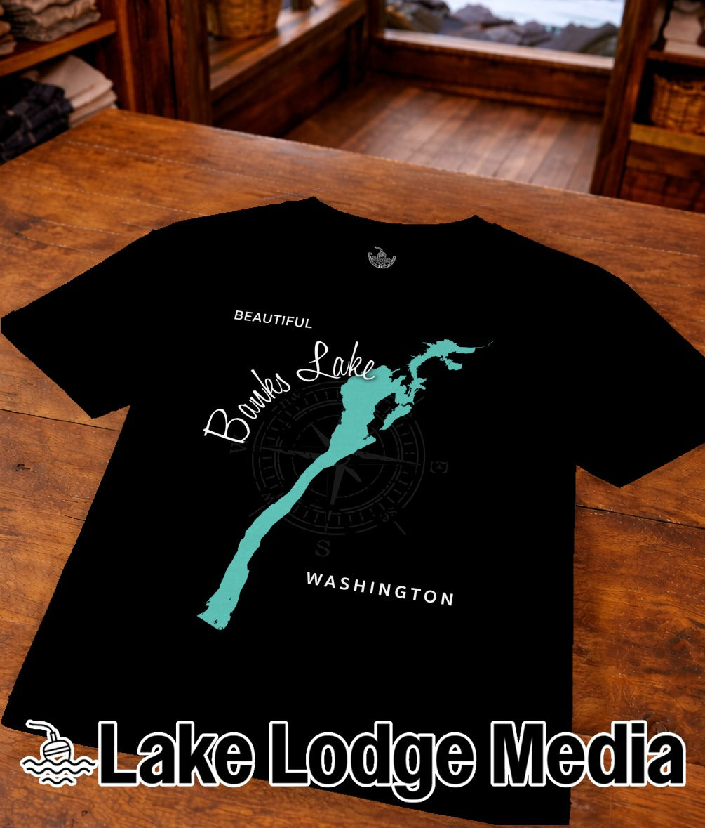 Black t-shirt with turquoise map of Banks Lake, Washington and compass.