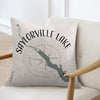 Saylorville Lake map and compass design on a light-colored pillow.