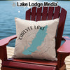 Carlyle Lake Illinois map on a decorative pillow placed on a red Adirondack chair.
