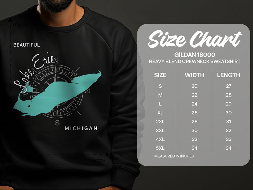 Sweatshirt with Lake Erie graphic and size chart.
