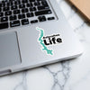 Sticker with teal Aziscohos lake outline and black text "Life LIFE"