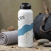White water bottle with black lid featuring "ERIE ON" and blue lake outline design.