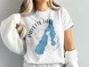 White t-shirt with blue Payette Lake, Idaho map graphic and compass rose.