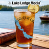 Glass with iced tea, lemon, and Chautauqua Lake map design.