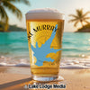 Glass of beer with "Lake Murray" text and California map graphic on beach.