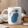 White mug with blue Lake Pulaski map and Minnesota text.