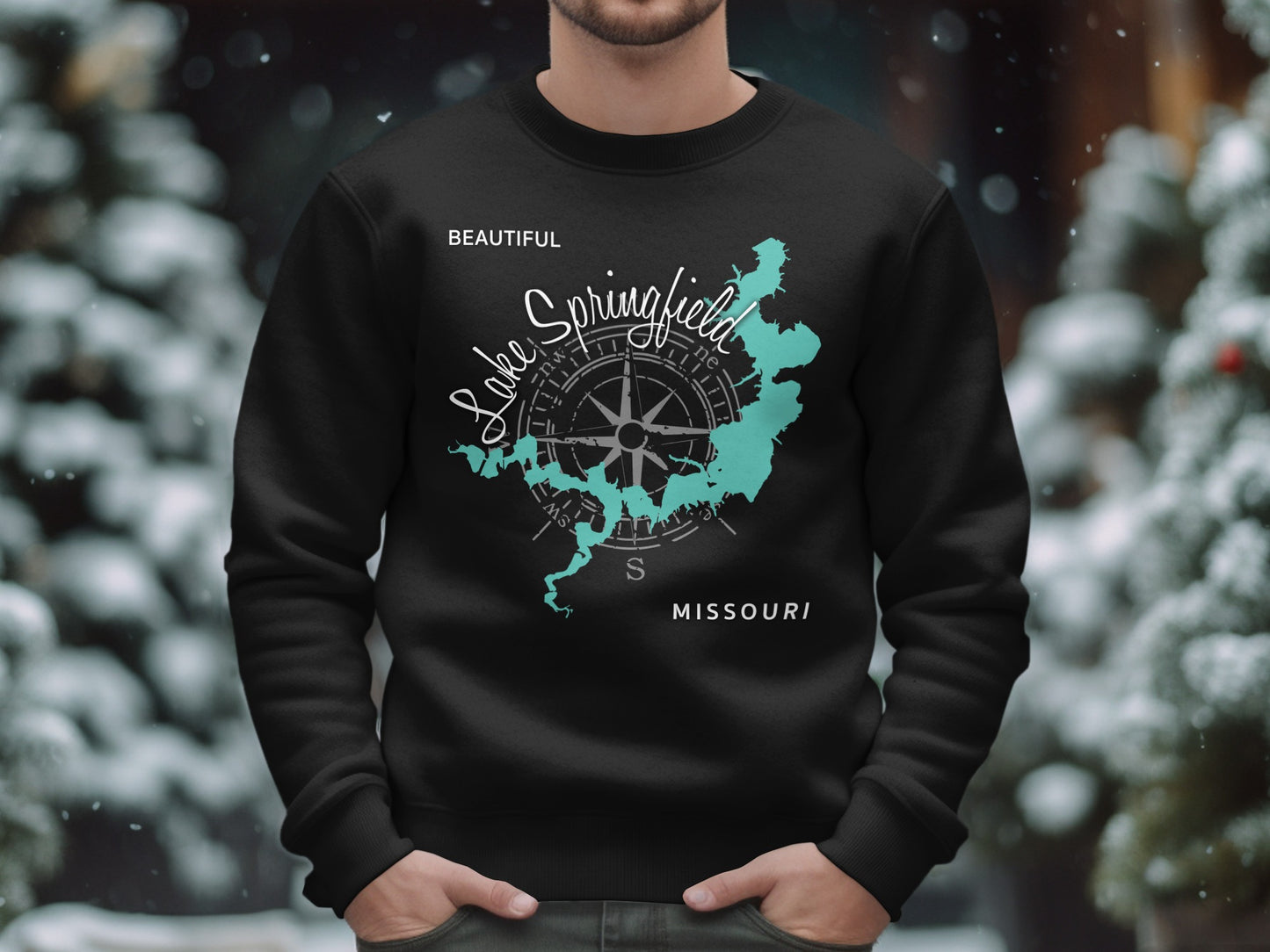 Black sweatshirt with a turquoise map of Lake Springfield, Missouri and compass design.