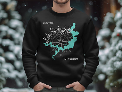 Black sweatshirt with a turquoise map of Lake Springfield, Missouri and compass design.