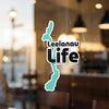 Leelanau Life sticker with turquoise map outline and black text.