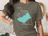 Olive t-shirt with a teal Lake Winnipesaukee, New Hampshire graphic.