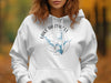 White hoodie with a compass design featuring Lake Hartwell, South Carolina outline.