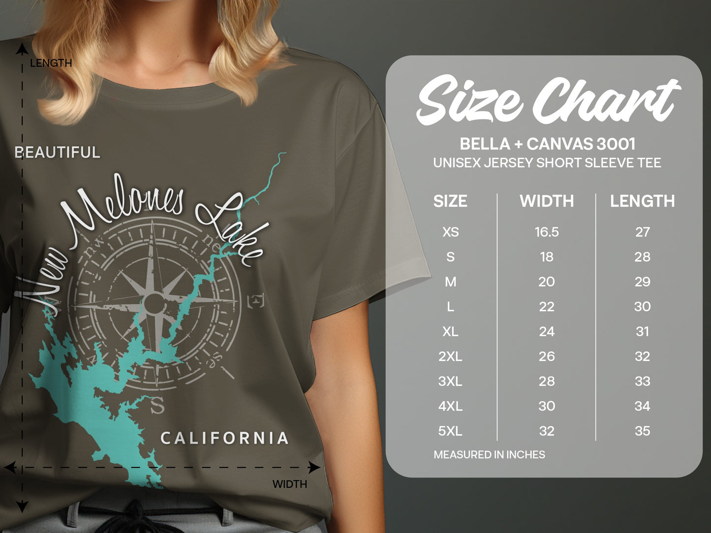 T-shirt size chart for Bella + Canvas 3001 with Melones Lake graphic.
