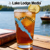 Glass with ice tea, lemon slice, and Lake San Pablo graphic.