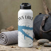 White water bottle with compass and blue lake graphic, text reads "ws LAKE MISS".
