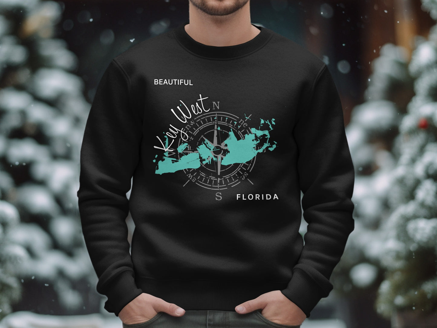 Black sweatshirt with "Key West Florida" map design.