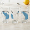 Three clear glasses featuring a blue map of Lake Lawtonka and compass rose.