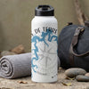 White water bottle with lake map and compass design.