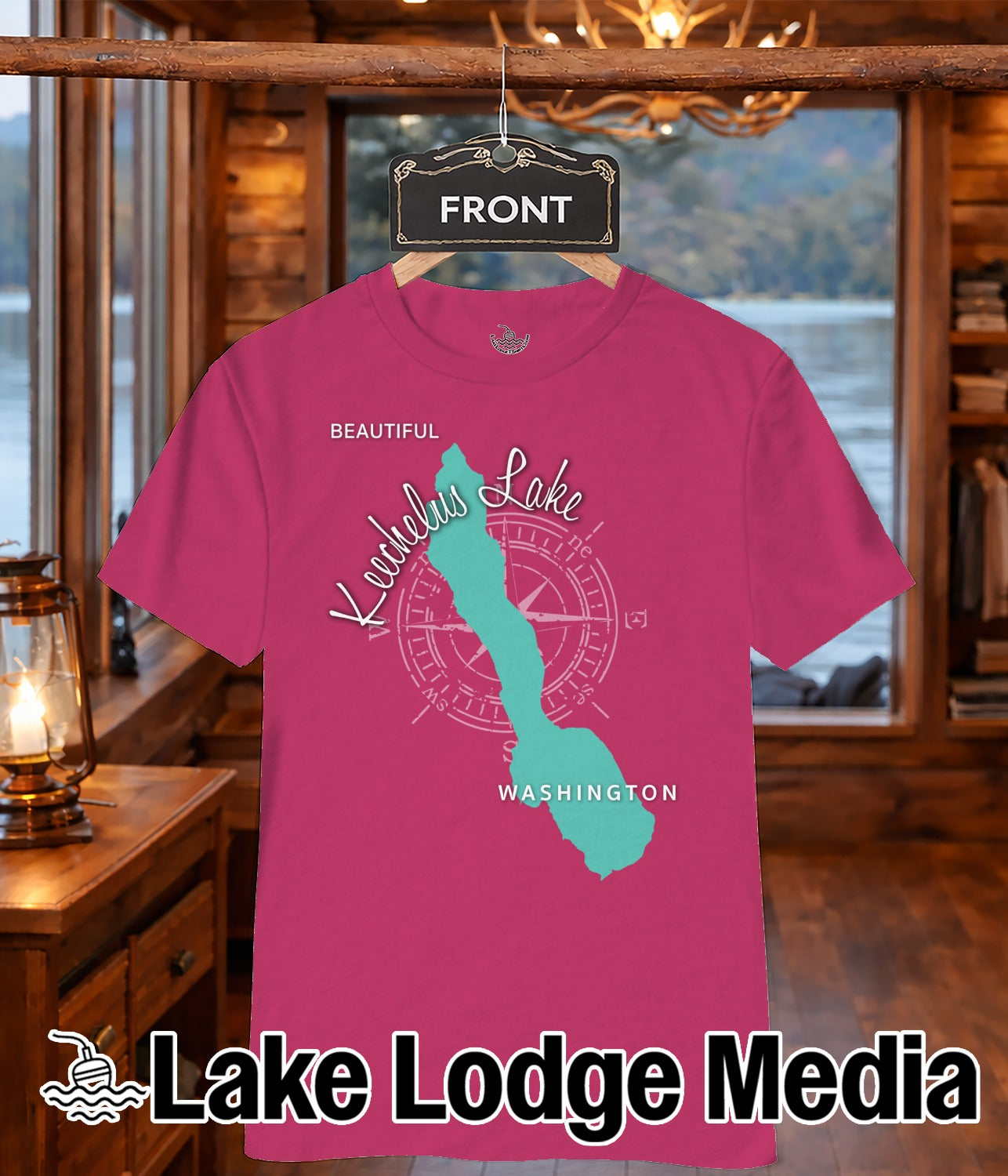 Fuchsia t-shirt with "Beautiful Lake, Kechelus Lake, Washington" text and compass rose graphic.