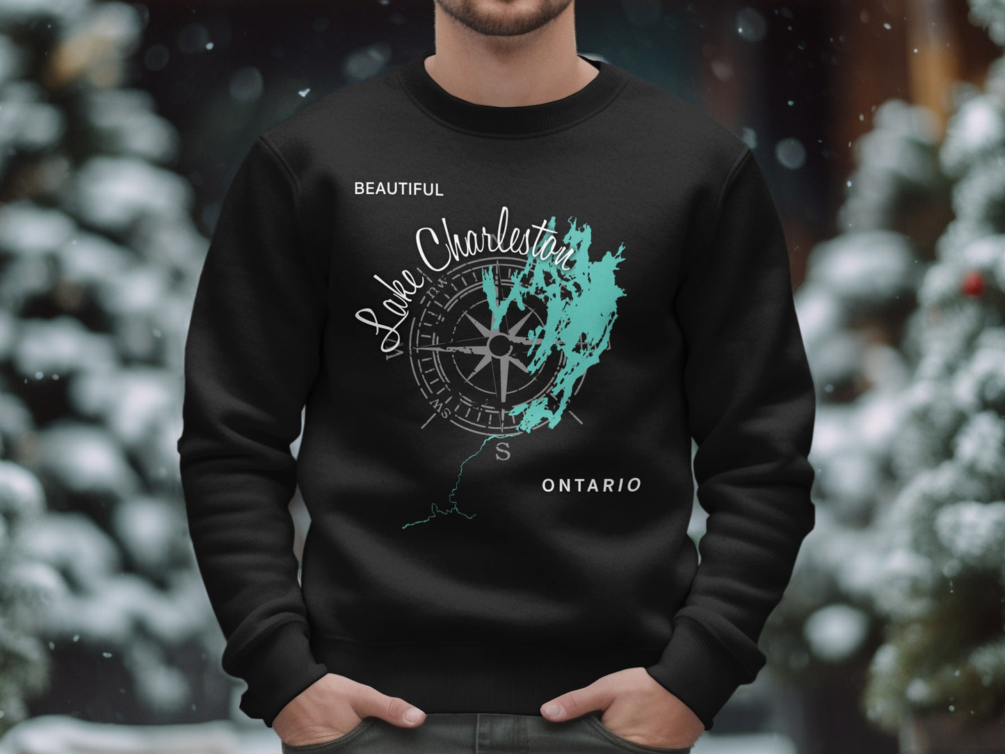 Black sweatshirt with "Beautiful Lake Charleston Ontario" and compass map design.