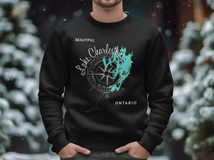 Black sweatshirt with "Beautiful Lake Charleston Ontario" and compass map design.