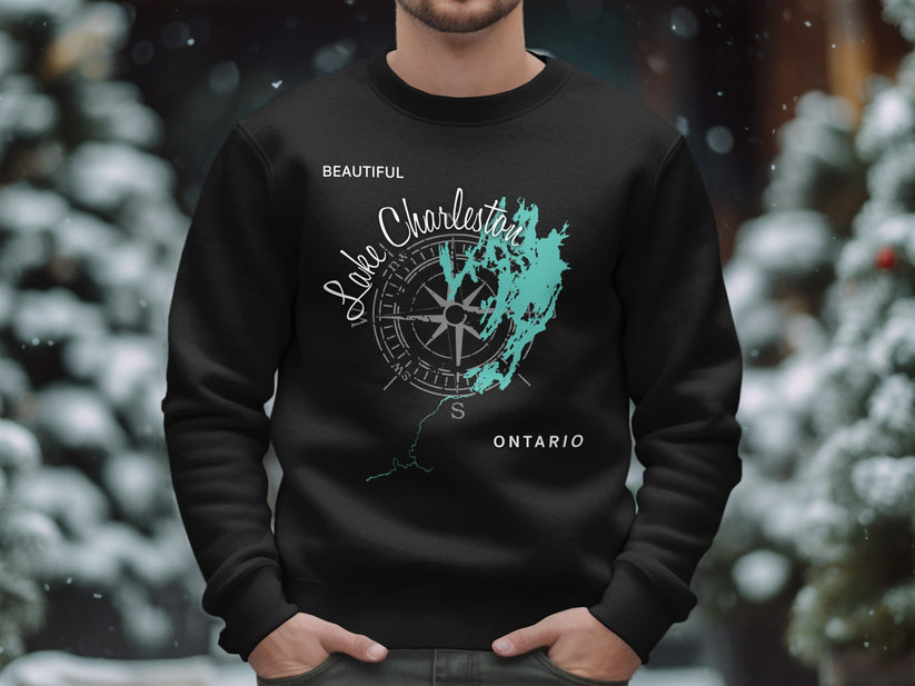 Black sweatshirt with "Beautiful Lake Charleston Ontario" and compass map design.