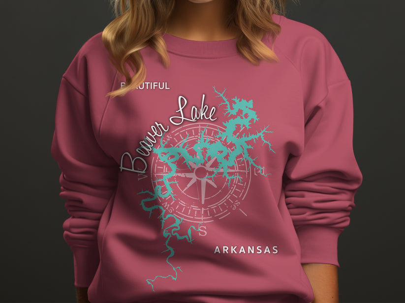 Pink sweatshirt with Beaver Lake map and compass design.