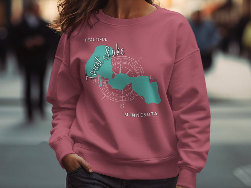 Pink sweatshirt with Forest Lake, Minnesota map and compass design.