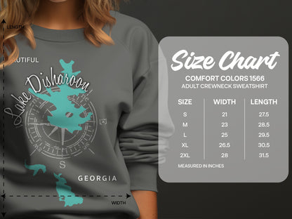 Size chart for Comfort Colors 1566 adult crewneck sweatshirt.