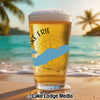 Beer glass with "Lake Erie" text and blue outline of lake on beach background.