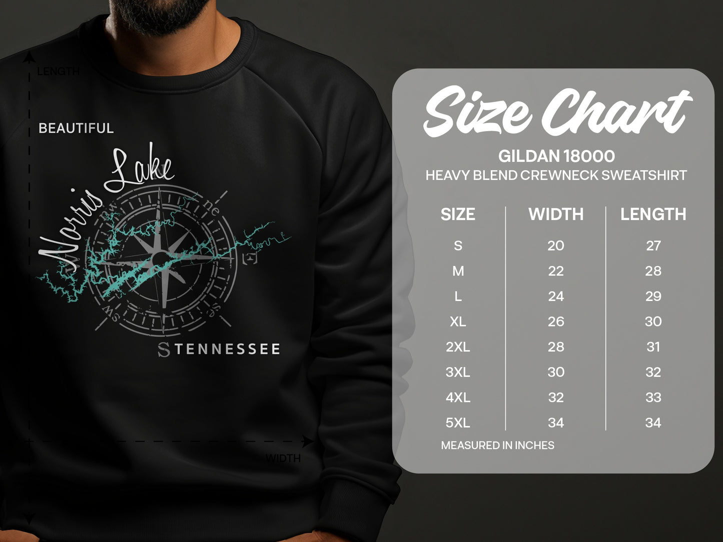 Norris Lake Tennessee sweatshirt and GILDAN 18000 size chart.