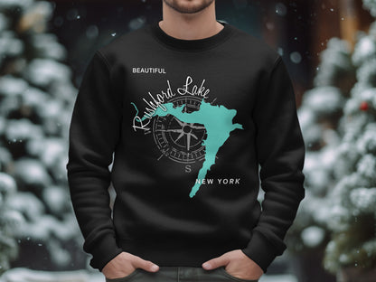 Black sweatshirt with teal Rutherford Lake map and compass graphic.