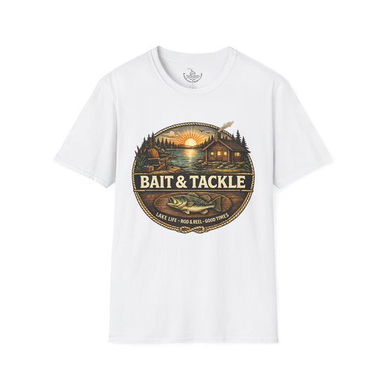 Bait & Tackle Fishing Lake Life T-Shirt | Rustic Lodge Cabin Mounted Bass Fishing Themed Bait Store Shirt