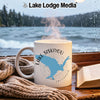 White mug with "Lake Siskiyou California" and a compass design on a rainy day.