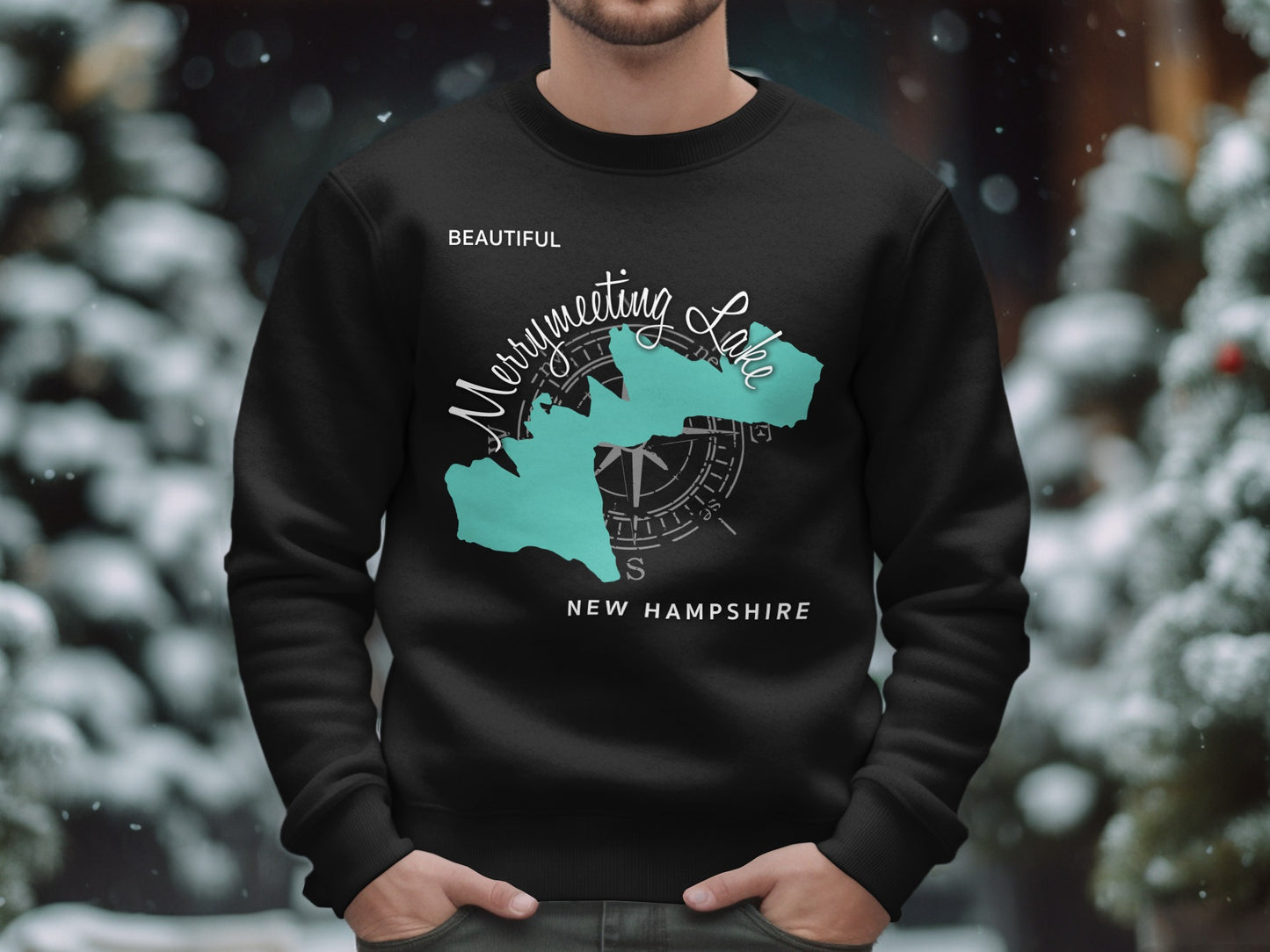 Black sweatshirt with "Merrymeeting Lake New Hampshire" and compass rose map.