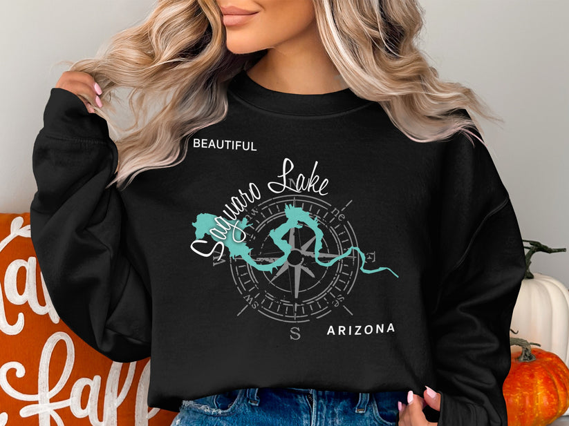 Black sweatshirt with "Beautiful Saguaro Lake Arizona" and compass rose graphic.