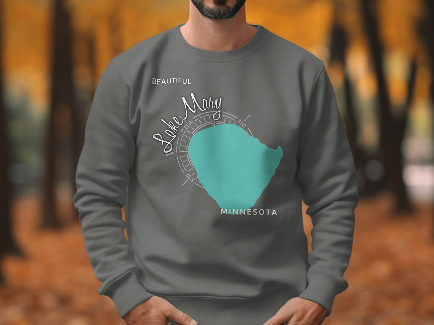 Gray sweatshirt with "Beautiful Lake Mary Minnesota" and a teal lake outline.