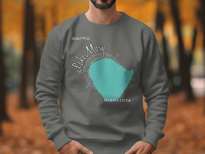 Gray sweatshirt with "Beautiful Lake Mary Minnesota" and a teal lake outline.