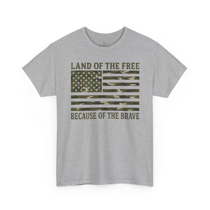 Land of the Free Because of the Brave T-Shirt | American Flag Tee | Patriotic Camo for Veterans and Fourth of July