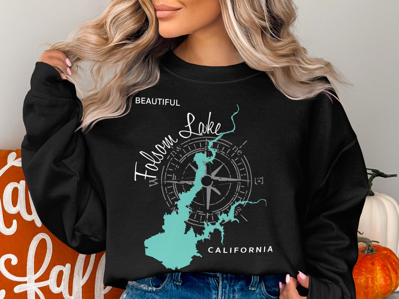Black sweatshirt with Folsom Lake California map and compass graphic.