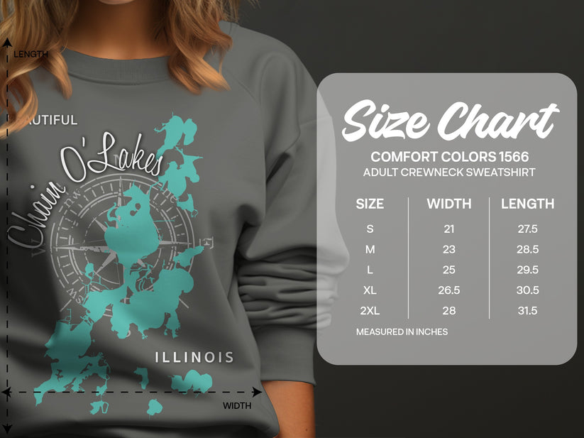 Comfort Colors size chart for adult crewneck sweatshirts, measured in inches.