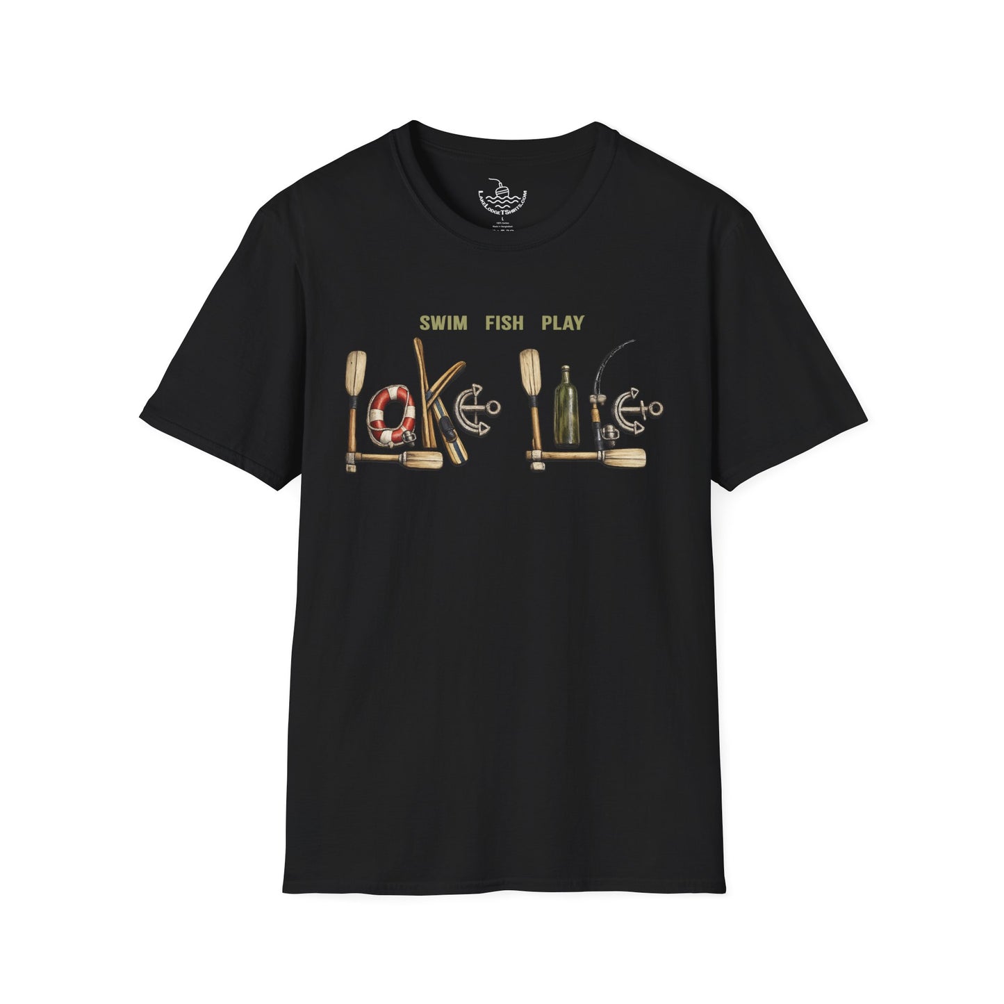 Lake Life T-Shirt | Boat Oars Life Preserver Anchor Letters Rustic Design | Fishing Water Skiing Gift Tee