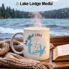 White mug with "Medina Lake Texas" and compass design, steaming hot.