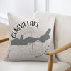 Pillow with Geneva Lake map, compass, and "Wisconsin" text.